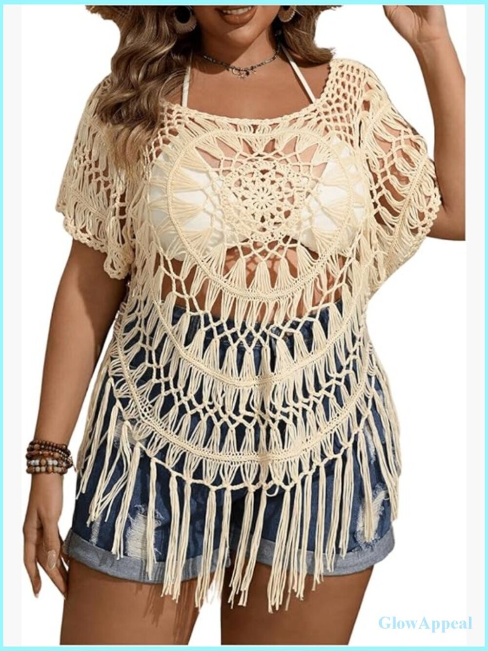 Hollow Out Fringe Hem Knit Crochet T Shirt Top Plus Size Short Sleeve